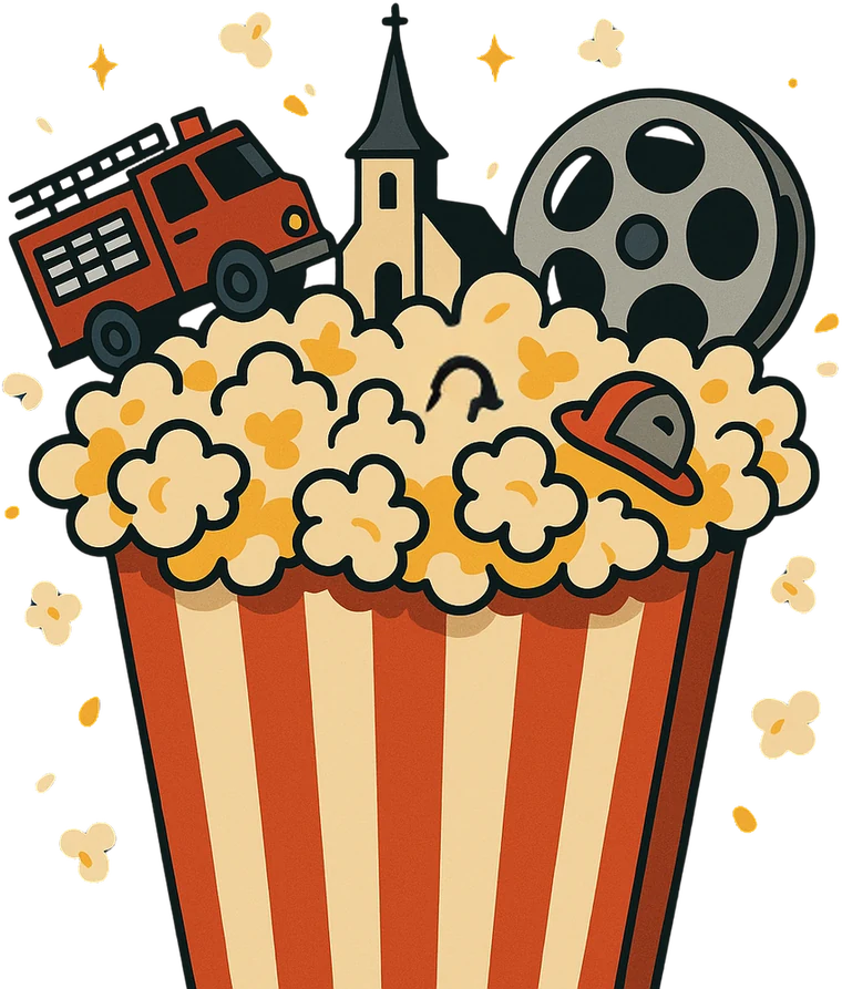 Popcorntüte mit Feuerwehrauto, Bischlebener Kirche und Filmrolle